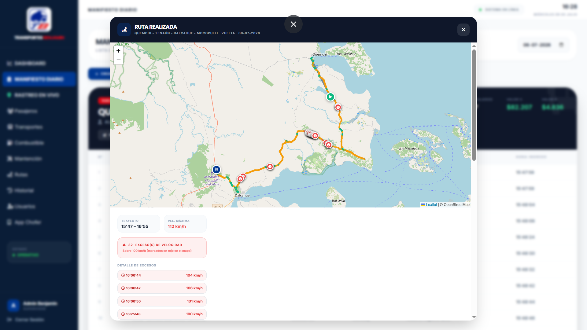 Ruta Realizada con excesos de velocidad